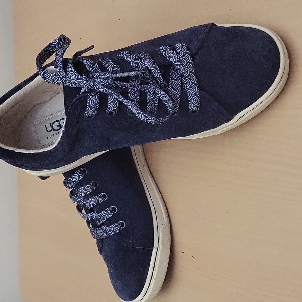 Navy Blue Suede Sneakers with Patterned Laces